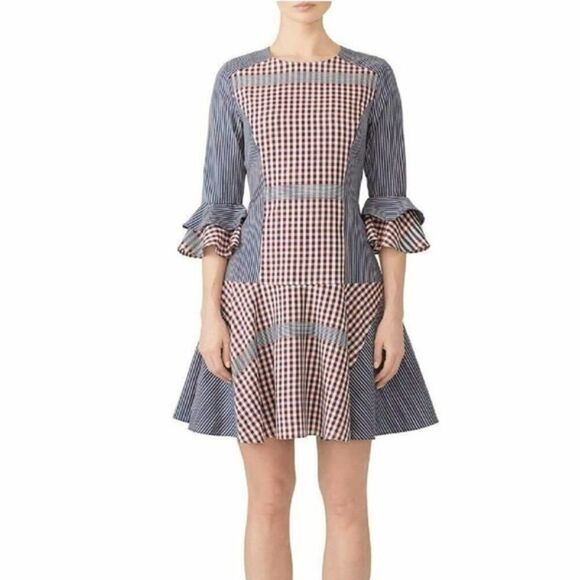 Badgley Mischka Collection Plaid & Striped Combo Flounce Plaid Day Dress Size 4 - Picture 2 of 11